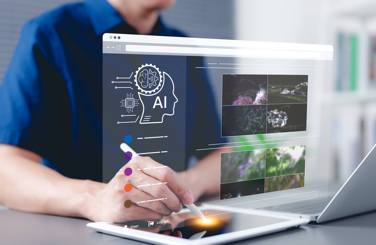 AI image creation technology. Person using digital pen and tablet to AI software to generate images