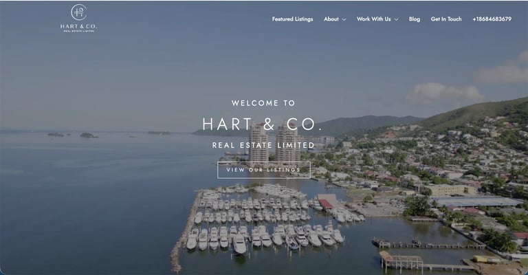 Aerial view of Hart & Co real estate website header showing waterfront marina with sailboats and coastal residential area