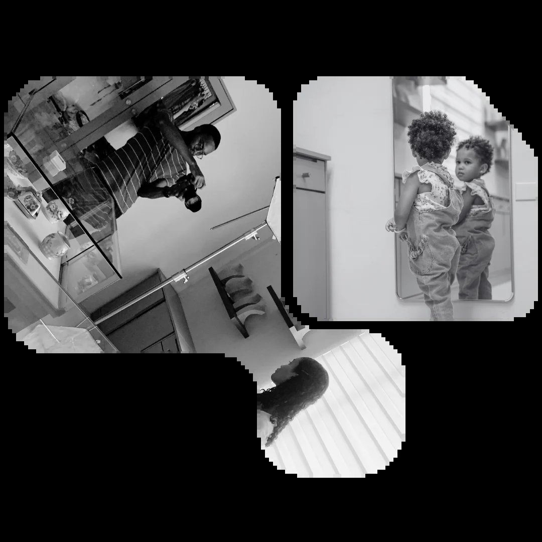 Collage of black and white overhead interior photos showing a person in a room and a mirror reflection of two children