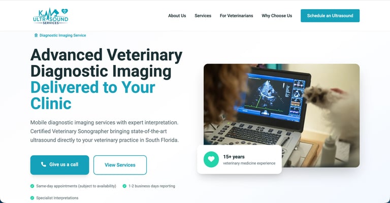 Veterinary diagnostic ultrasound being performed on a cat with display screen showing imaging software for mobile diagnostic imaging services