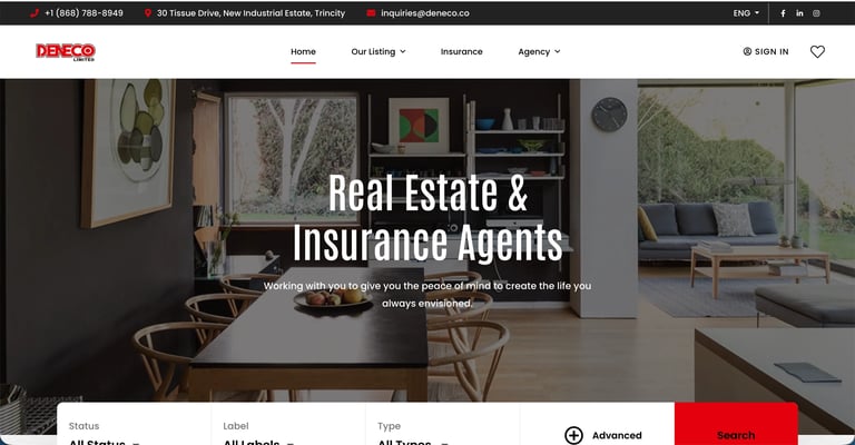 Real estate and insurance agency website homepage featuring modern office interior with desk and living room design