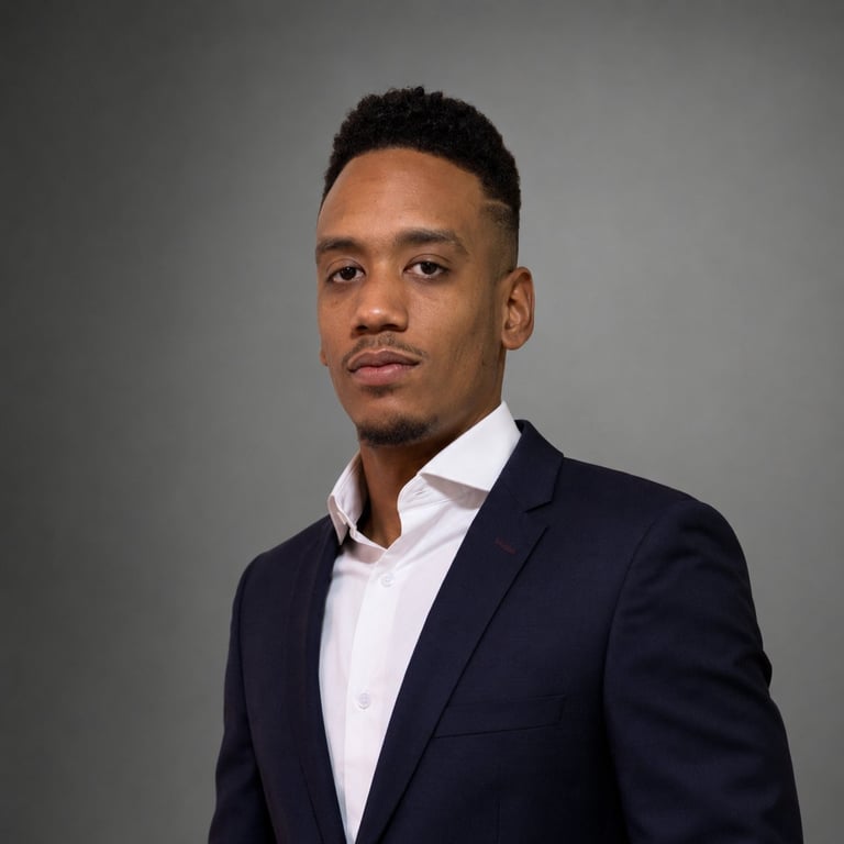 Professional headshot of a man wearing a dark navy blazer and white dress shirt against a gray background