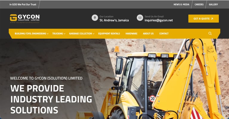 Gycon Solutions Limited website header featuring yellow heavy construction equipment and text We Provide Industry Leading Solutions