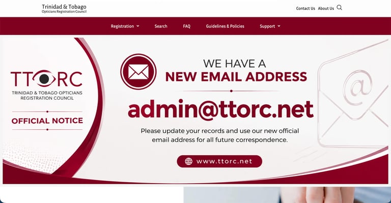 Trinidad and Tobago Opticare Registration Council official notice with new email address admin@ttorc.net